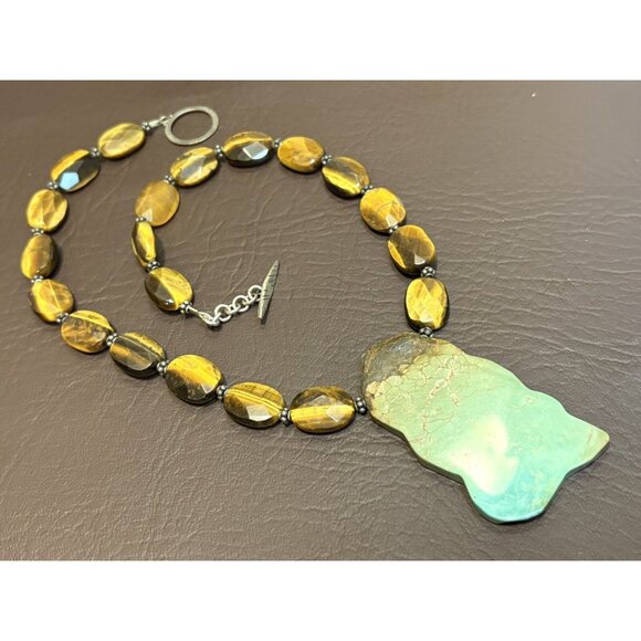 VINTAGE 925 Sterling Silver Tiger’s Eye Bead Turquoise Slice Chunky Necklace - Picture 5 of 10